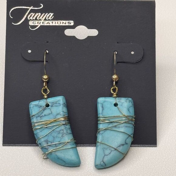 Blue and Gold Wire Wrapped Earrings with Turquoise Stones - Picture 2 of 6